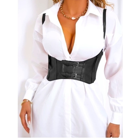 Womens Sexy Steampunk Vegan Black Leather Bustier Underbust Waist Belt Corset - Picture 1 of 7